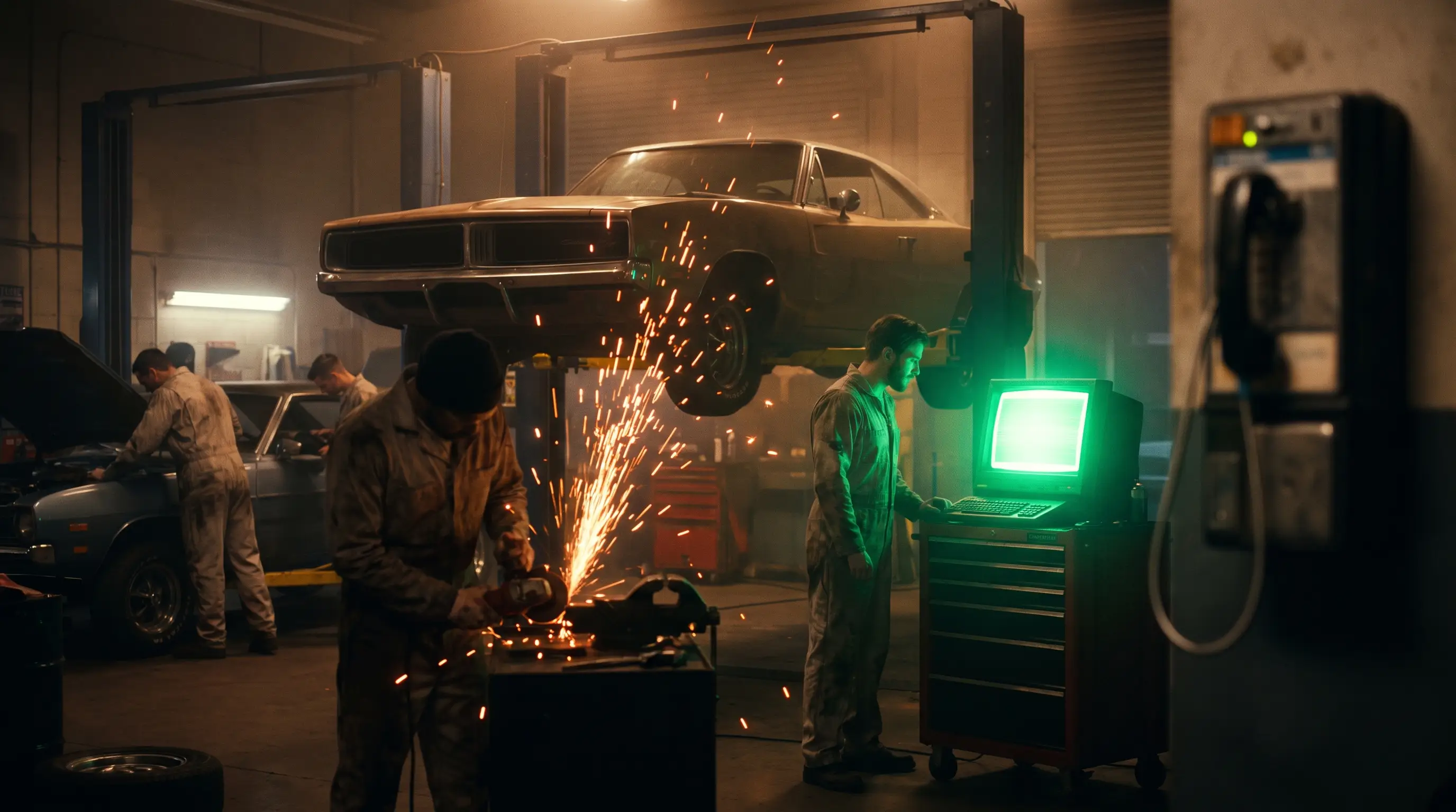 Auto Repair business at dusk with a phone ringing